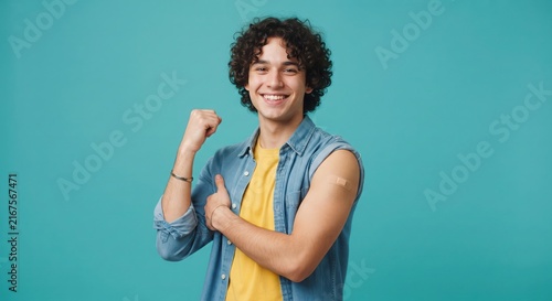 Happy man smiling after receiving vaccine with bandage arm