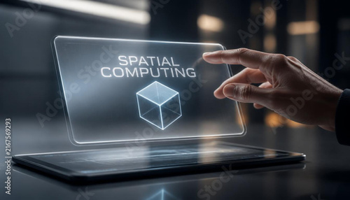 Human hand interacting with floating transparent digital display featuring spatial computing text and cube icon graphic