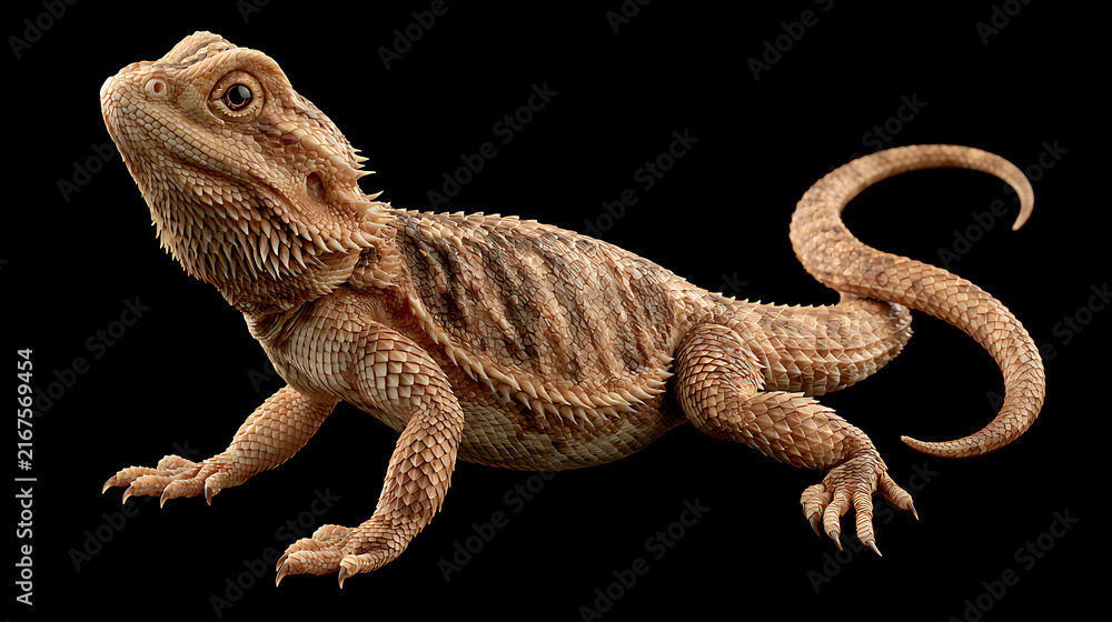 Fototapeta premium Bearded dragon reptile with textured scales rests against a black background