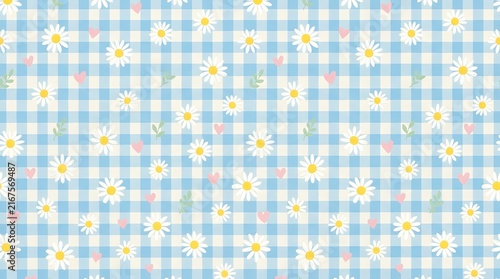 Adorable seamless daisy floral pattern blended with pastel gingham check plaid grid and tiny heart motifs for trendy kids fabric wallpaper and wrapping paper design daisy daisies flower floral