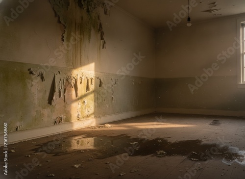 Abandoned Room with Peeling Paint, Water Damage, and Sunlight Streaming Through a Window, concept of decay and urban exploration