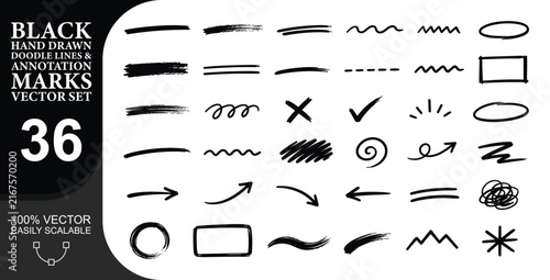 Black hand drawn doodle lines and annotation marks with messy shapes for professional document highlighting and creative emphasis in graphic design project layouts.