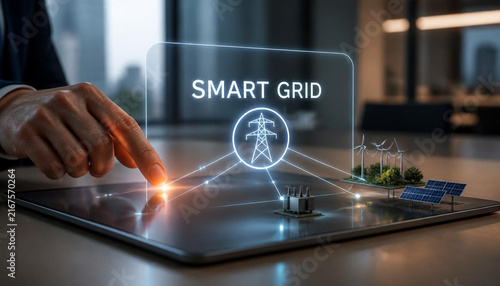 Professional finger interacting with futuristic smart grid hologram displaying sustainable energy solutions on sleek dark tablet