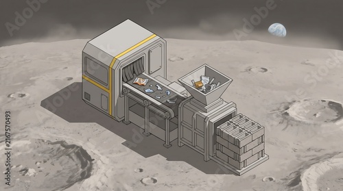 Lunar Recycling Facility, Futuristic Concept Illustration of Waste Processing on the Moon