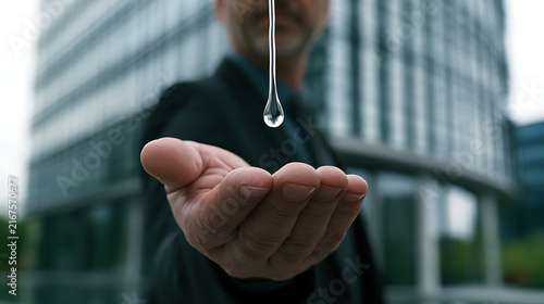 Man s hand holding a single water drop against a modern building