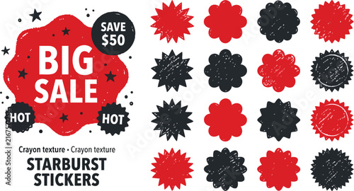 Crayon Texture Starburst Sale Stickers Vector Set