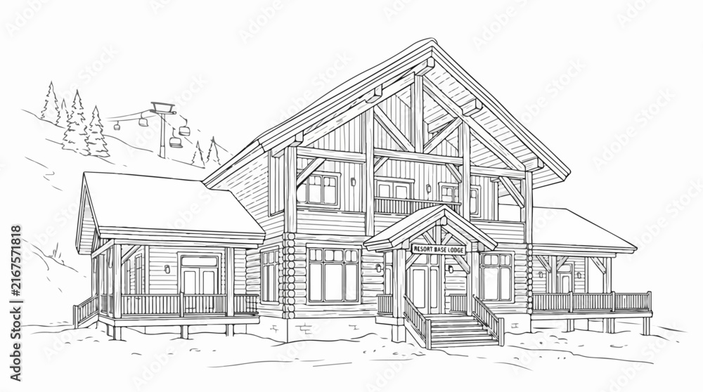 Obraz premium Line art sketch of a rustic wooden ski resort lodge in snowy mountains