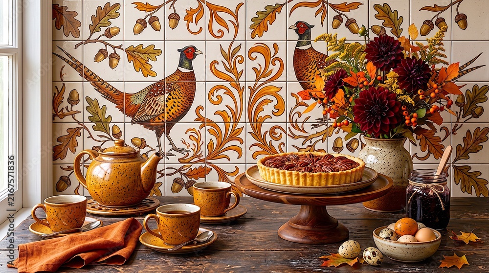 Fototapeta premium Rustic Autumn Table With Pecan Pie, Floral Bouquet, Tea Cups and Fall Harvest Decor