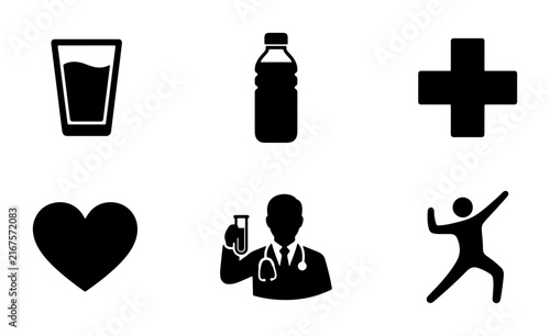 Health and Wellness Icons: Medical Cross, Heart, Doctor, Water Glass, Sports Figure, Water Bottle, Vector Graphics for Healthcare and Fitness