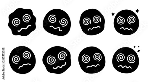 Dizzy Face Icons, Swirling Eyes Emoticons, Motion Sickness Symbols, Black and White Vector Graphics for Mental State and Feeling Illustrations