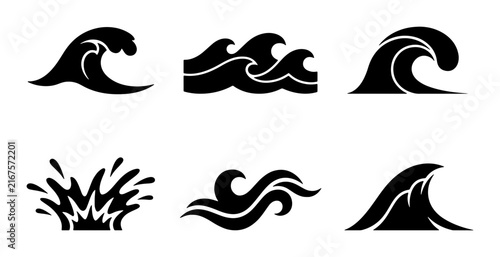 Set of 6 Black Wave Icons, Ocean Water Swirls, Sea Splash Graphics, Nautical Design Elements, Marine Surfing Symbols, Coastal Art