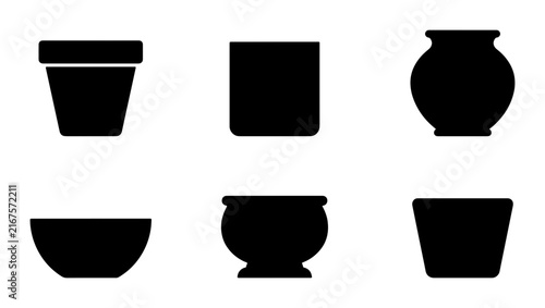 Set of 6 Black Silhouette Planters, Ceramic Pots, and Vases, Simple Geometric Shapes, Garden Decor Icons, Vector Graphics for Design