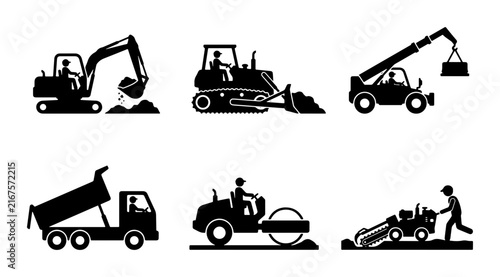 Construction Equipment Icons Set, Heavy Machinery Silhouettes, Industrial Vehicles Vector Graphics for Building Projects and Infrastructure Development