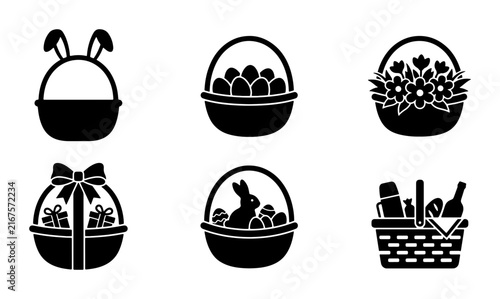 Easter Basket Icon Set, Spring Holiday Celebration Vector Graphics, Festive Egg Hunt and Gift Collection, Black and White Silhouette Graphics