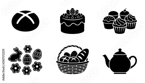 Easter Bakery Icons, Festive Food Symbols, Spring Celebration Treats, Sweet Pastry Graphics, 6 Vector Elements