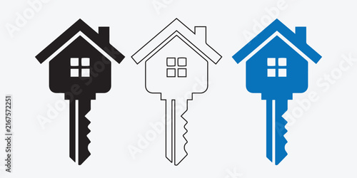 Set of three house key icons featuring solid black outline and blue designs for real estate and property business branding concepts