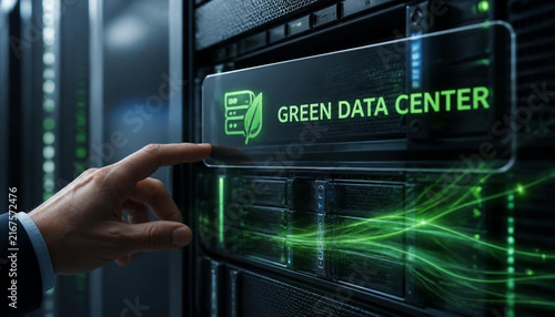 Professional technician pressing green data center interface button on modern server rack for sustainable computing technology