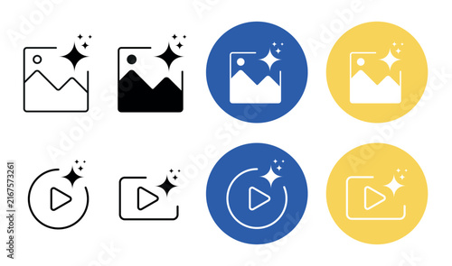 AI image and video generator vector icon set featuring magical sparkle effects