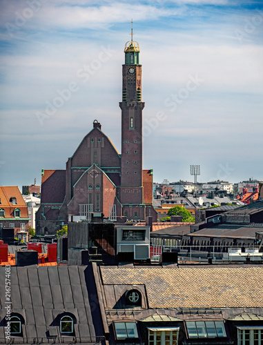 View from Observatory Hill over the rooftops towards Engelbrekt Church in the Östermalm district of Stockholm, Sweden.