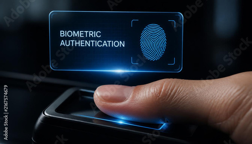 Biometric fingerprint scanner display showing digital authentication holographic interface for modern secure access control system technology