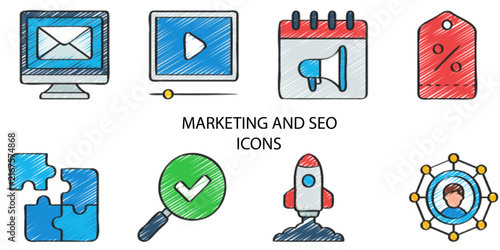Set of 08 outline Marketing and Seo Element icons. Marketing and Seo Line icons set. Vector illustration.