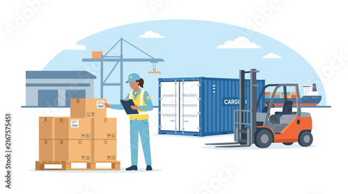 Logistics worker inspects cargo boxes at shipping port with forklift and container