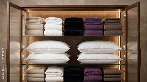 Luxury Wooden Wardrobe with Glass Doors and LED Lighting Stored with Folded Blankets and Pillows