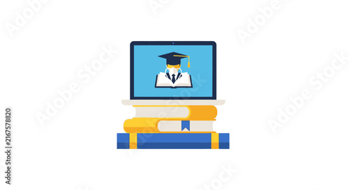 Online Graduation and E-learning Concept Vector Illustration with Laptop and Books