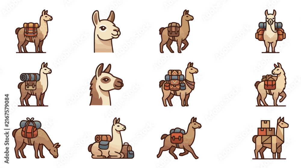 Naklejka premium Llama and alpaca character icons with gear.