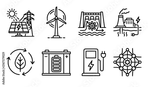 Sustainable renewable power and clean technology minimalist line vector icon collection