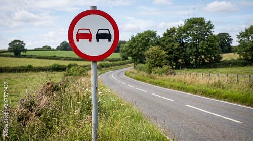 Winding rural road through green countryside with “no overtaking” sign showing red and black cars, scenic fields, trees, and distant hills.