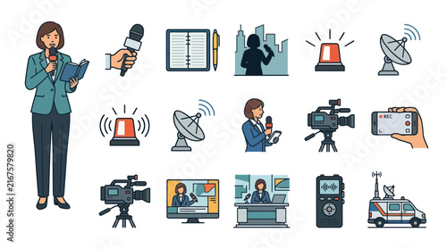 Journalism and media broadcasting icon set.