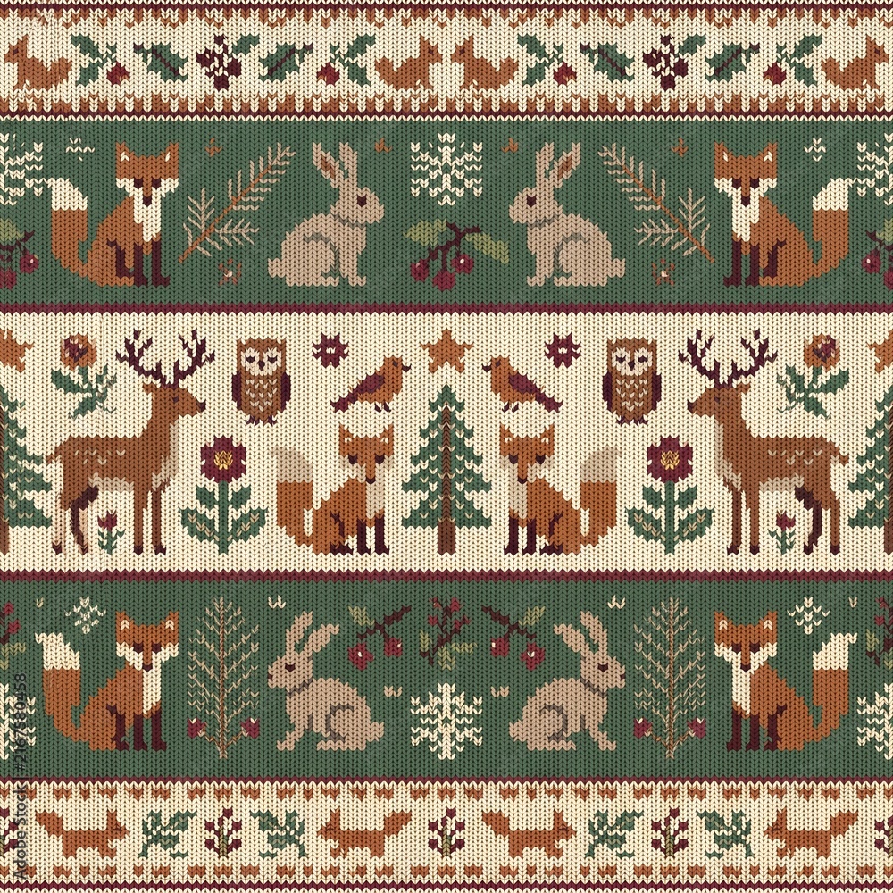 Fototapeta premium Nordic folk art knit pattern depicting woodland animals and flora, including fox, deer, rabbit in earthy tones with holiday theme, perfect for festive textile design or winter apparel concepts