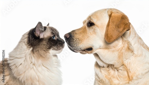 Labrador retriever and fluffy cat looking affectionately at each other, isolated on white