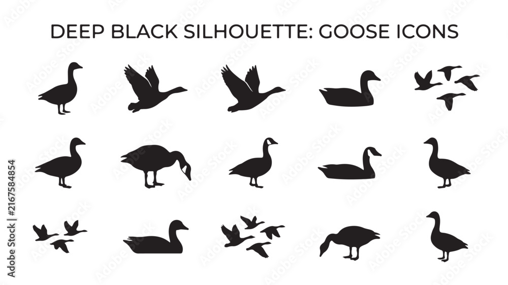 Fototapeta premium Deep black silhouette goose icons set, flying wild geese vector symbols, waterfowl bird shapes collection for logo design