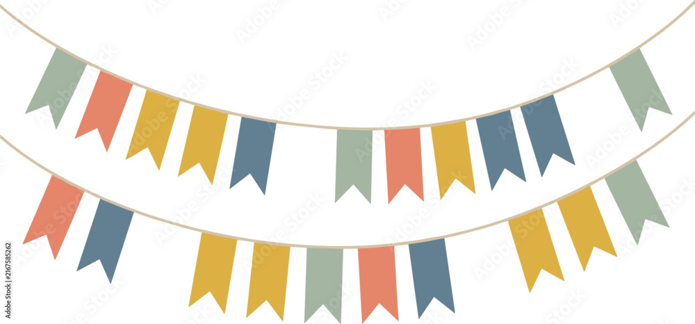 Fototapeta premium Colorful Hanging Bunting Flag Garland Vector Template with Pastel Party Pennants for Baby Shower Invitations Kids Birthday Decoration and Festive Celebration Backgrounds