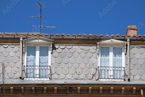 Facade with Slate Roofing and Windows on Old Residential Building