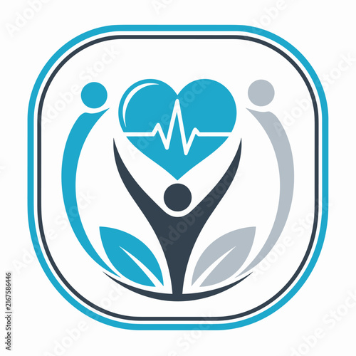 Abstract healthcare logo with human figure and heart pulse symbol