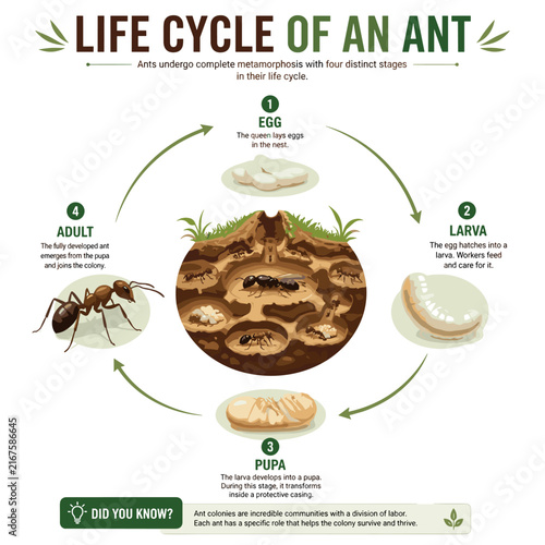 Ant life cycle diagram showing biological stages in a colony nest
