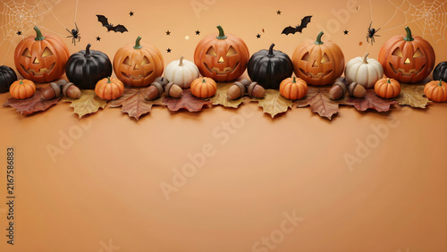 Spooky Halloween and Autumn Festive Decoration with Carved Pumpkins, Leaves, and Bats on an Orange Background with Copy Space
