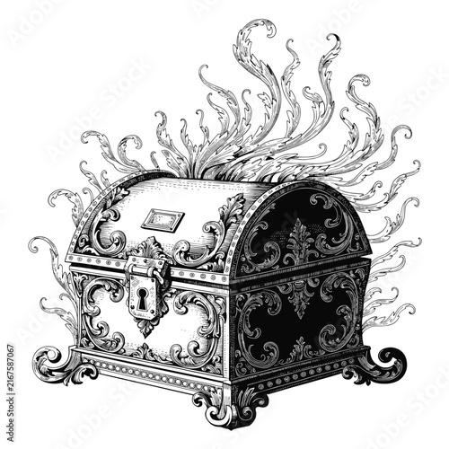 Antique treasure chest with ornate floral carvings in vintage style