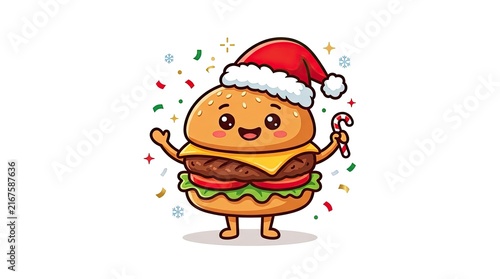 A wonderfully festive and cheerful hamburger character is happily celebrating the merry and joyous occasion of christmas day with delight and happiness