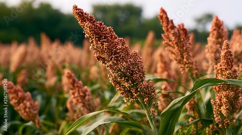 A close up view of ripe sorghum stalks with dense clusters of grains  set against a softly blurred field under natural daylight