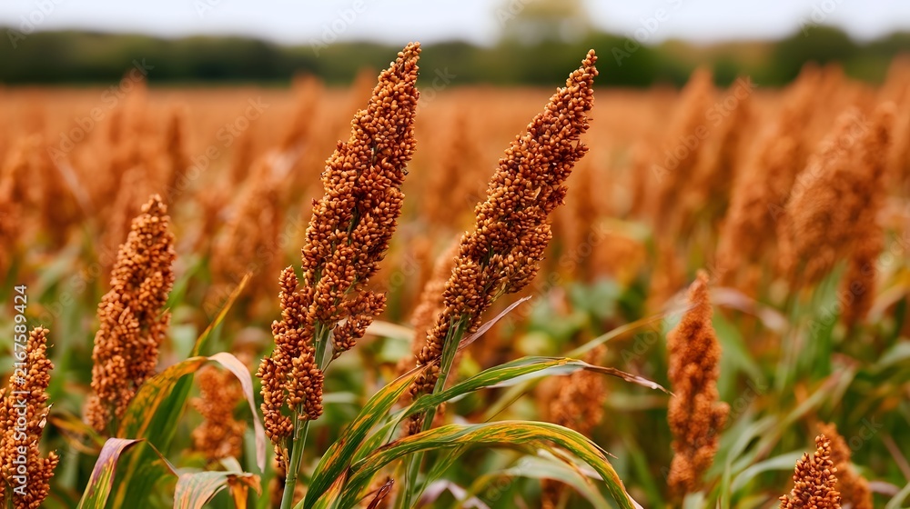 Obraz premium Golden sorghum stalks stand tall in a vast field under soft diffused daylight with blurred background enhancing depth and seasonal warmth