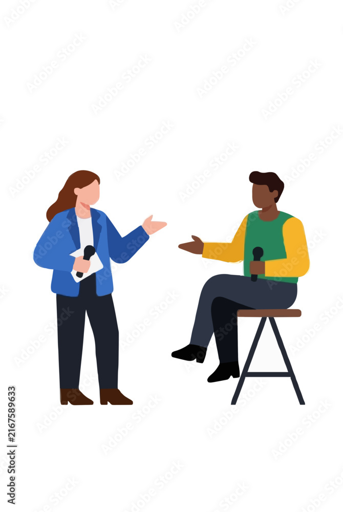 Obraz premium Two panelists conversing on stage vector illustration, hand-traced flat design showing diverse professionals engaged in lively discussion, one standing and one seated on high stool, both holding