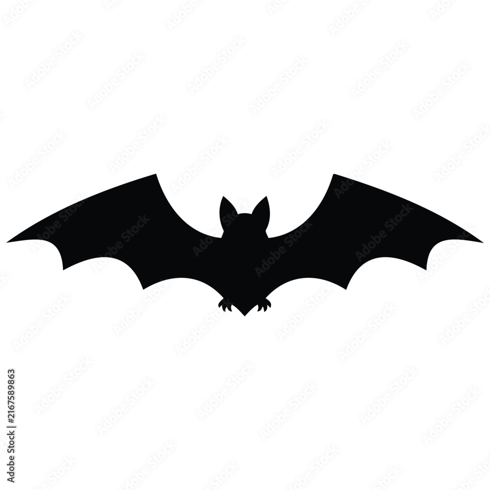 Fototapeta premium Black bat silhouette flying with wings spread on white background.