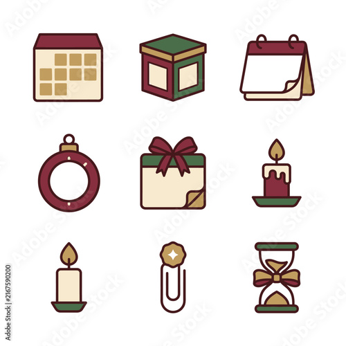 Christmas Day, Vintage Christmas icons set, 9 holiday vector elements. Retro winter celebration symbols, burgundy and green festive graphics. isolated on White Background