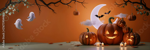 Spooky Halloween banner background with glowing jack-o-lanterns, cute ghosts, bats, and a crescent moon on orange