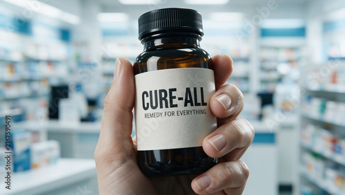 Close-up of a female customer's hand holding an amber medicine bottle with a CURE-ALL label in a pharmacy. Panacea illusion, modern pharmaceutical marketing and miracle drug concept
