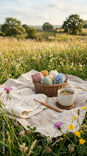 Crochet hobby concept with yarn balls in a basket and a cup of tea on a linen blanket in a summer meadow